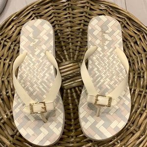 Cole Haan white buckle flip flops